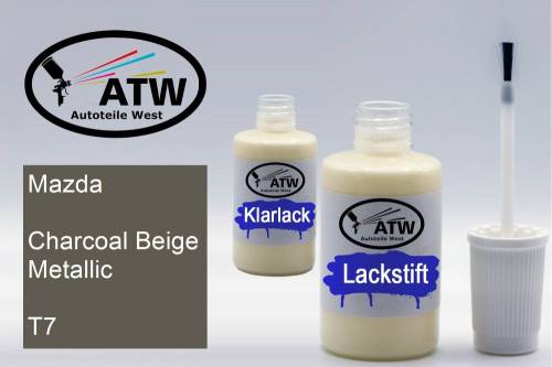 Mazda, Charcoal Beige Metallic, T7: 20ml Lackstift + 20ml Klarlack - Set, von ATW Autoteile West.